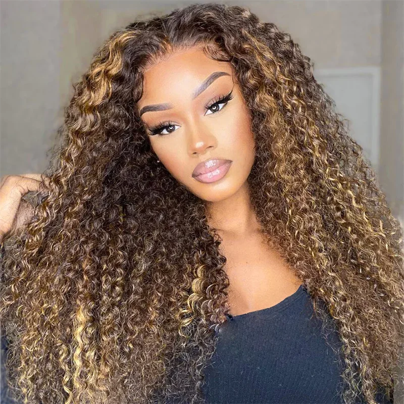 4x4 Highlight Ombre Lace Frontal Wig Curly Human Hair Wigs 4/27 Honey Blonde Colored Deep Curly 5X5 Lace Closure Wigs 30 Inch