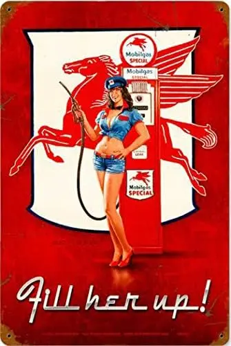Retro Vintage Fill Her Up Pin Up Girl Gas Oil Station Home Bar Pub Kitchen Restaurant Wall Deocr Plaque Signs 12x8inch