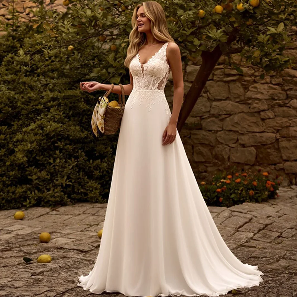 Customized Deep V-neck A-Line Bridal Gowns High Quality Appliques Chiffon Vestido De Novia Simple Buttons Back Wedding Dress