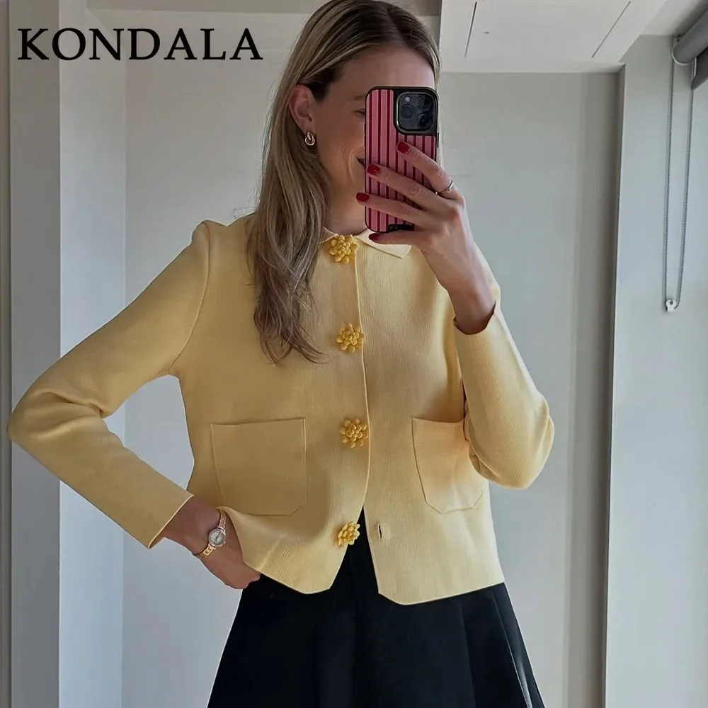

KONDALA 2025 Fall Winter Butter Yellow Knitted Women Jackets Fashion Streetwear Turndown Collar Solid Button Straight Lady Coats