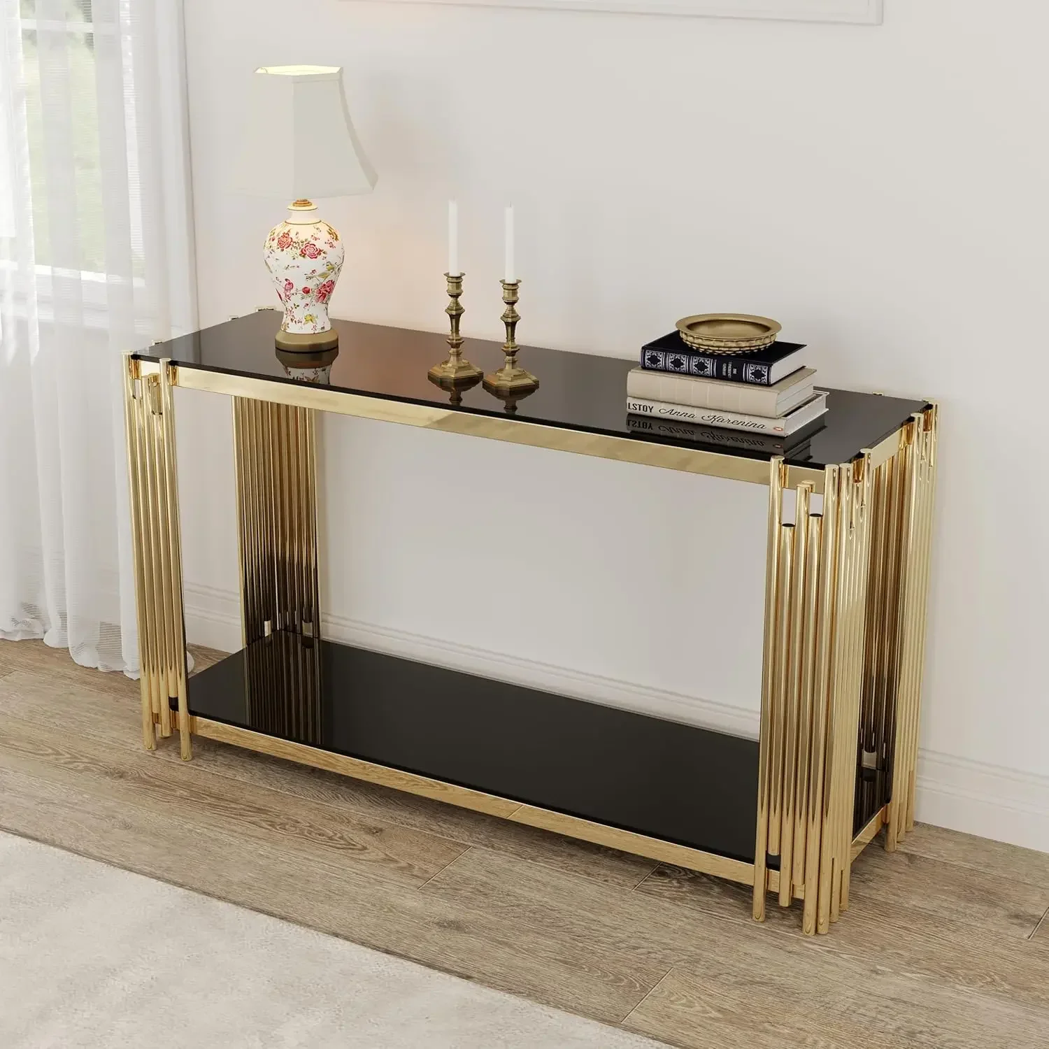 Glass Console Table Modern Black Glass Entryway Tables 2-Tier Luxury Accent Sofa Table with Tempered Glass Top and Golden