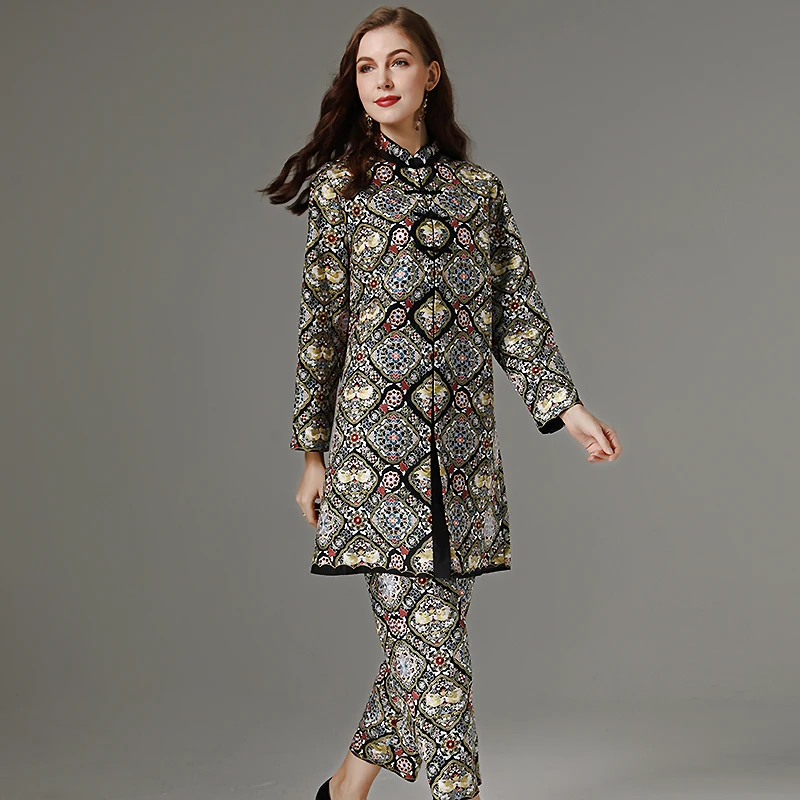 High-End Spring And Autumn New Women Vintage Palace Rayon Embroidery Medium Length Coat And Cropped Trousers Two-Piece Set L-XXL