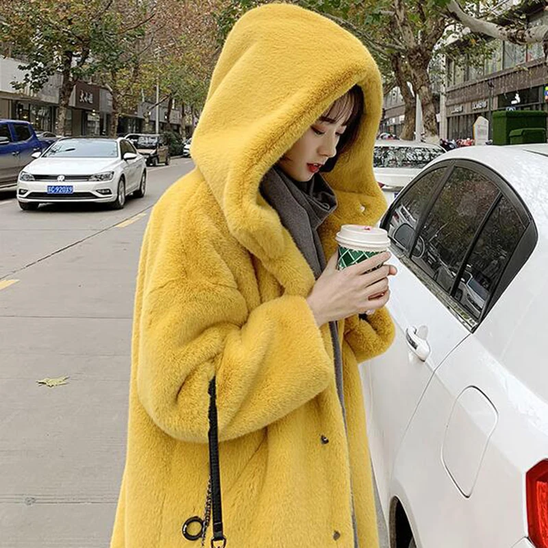 Winter Women High Quality Faux Rabbit Fur Coat Luxury Long Fur Coat Loose Lapel OverCoat Thick Warm Plus Size Female Plush Coats