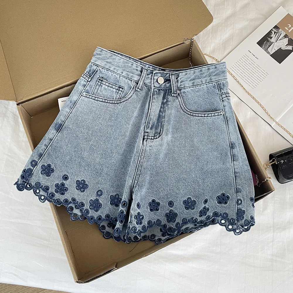 

Denim Shorts High Waist Sexy Women Jeans Loose Fit Zipper Fly 2026 Washed Pockets Hollow Out Embroidery Solid Spliced Spring