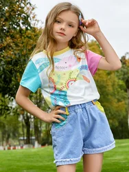 Girls Printed Cute  T-shirt  and Blue Denim Short