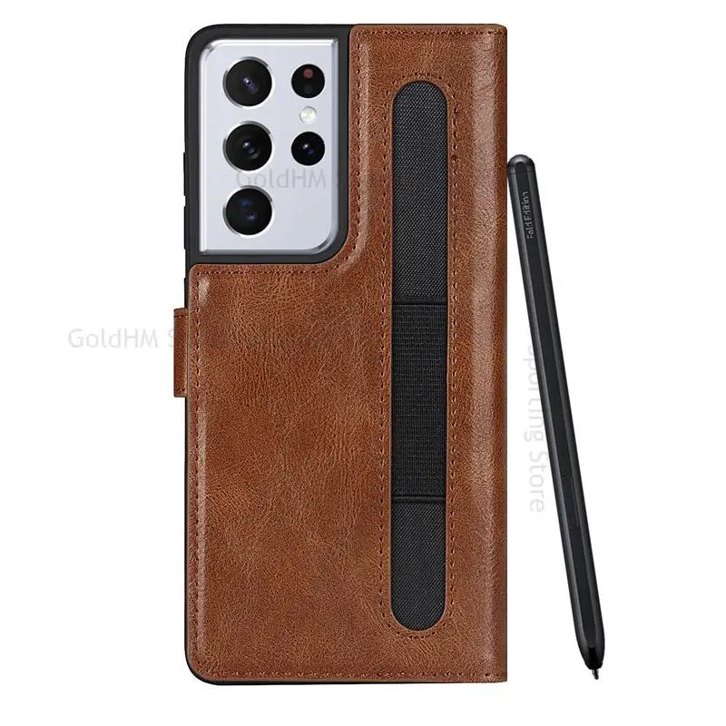 Leather Stylus S Pen Slot Magnetic Flip Phone Case For Samsung S21 Ultra 5G Wallet Card Slot Cover For Galaxy S21 Ultra SM-G998B