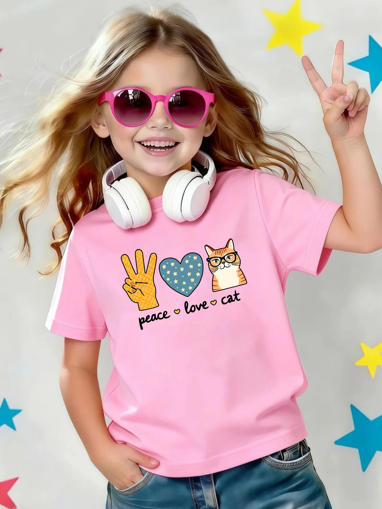 Peace Love Cat Hand Heart Star Cartoon Print Kids Tee Boys Girls Cotton Summer Soft Casual Unisex Kids Daily Short Sleeve Shirts