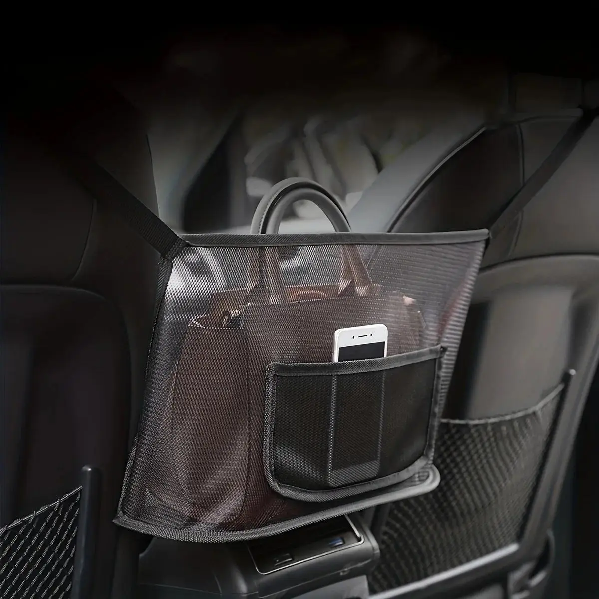 2pcs Car Seat Storage Net Pocket, Between Seats Mesh Organizer Bag with Adjustable Straps, Large Capacity Holder for Vehicle