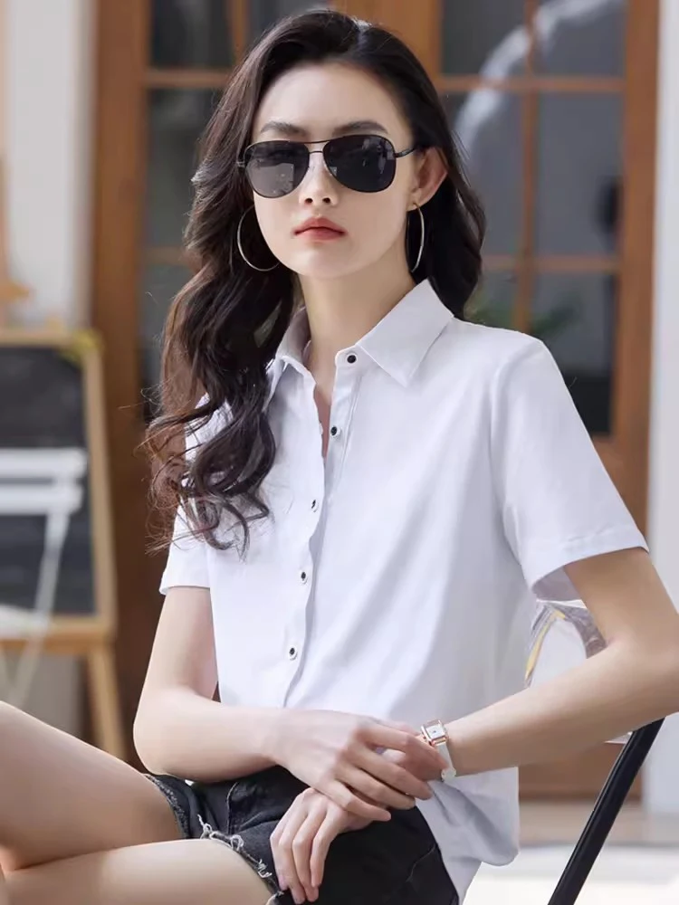 New Women Summer Cotton T-shirt Fashion Polo Collar Single Breasted Short Sleeve Tees Tops Simplicity Casual Loose T-shirt