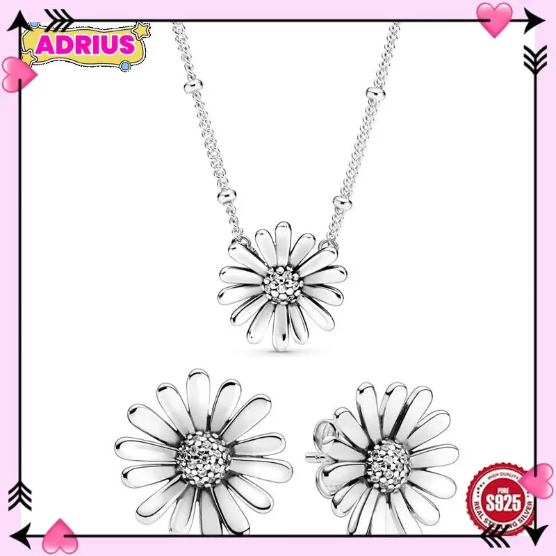 

Authentic 925 Sterling Silver Pave Daisy Flower Statement Earring Necklace With Crystal For Women Jewelry Set Gift