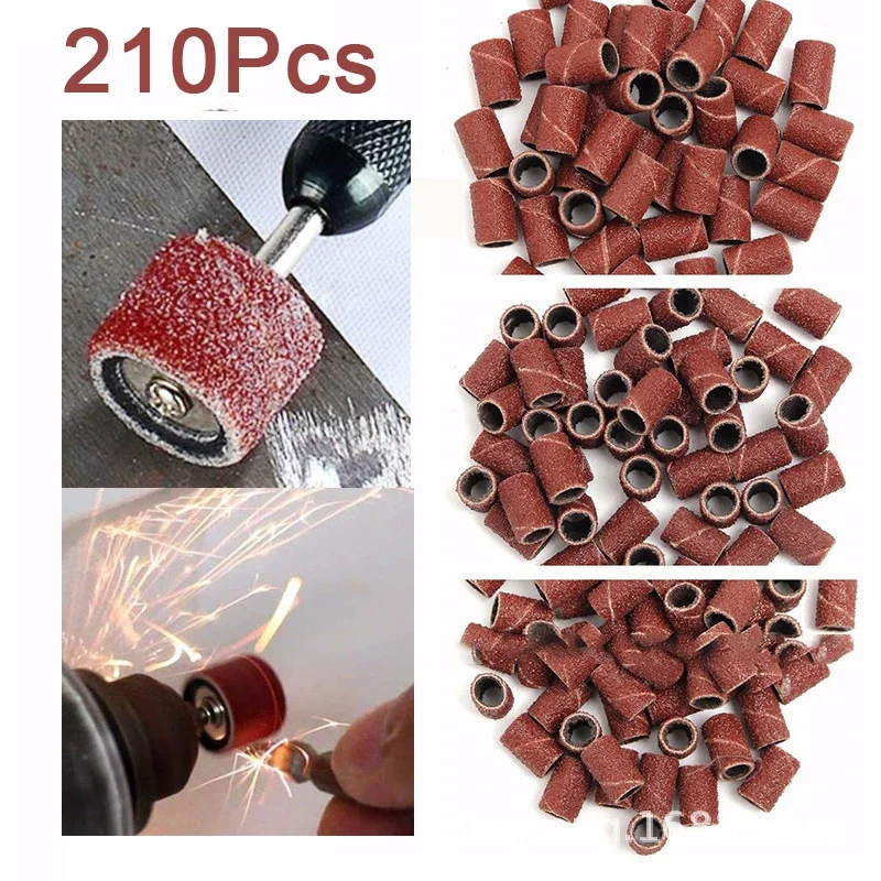 210pcs Sanding Cap Bands For Electric Manicure Machine 180/120/80 Grit Nail Drill Grinding Bit Files Pedicure Tool