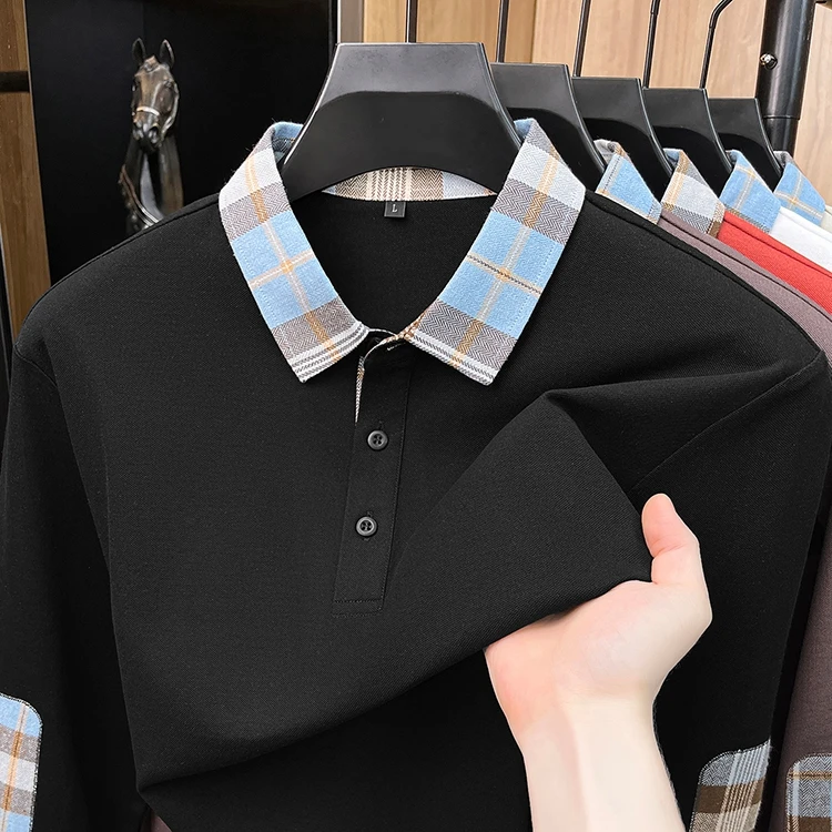 Autumn New Men's Contrasting Long Sleeved Polo Shirt High-Quality Plaid Collar Cotton T-Shirt Fashionable Trendy Men's Clothing