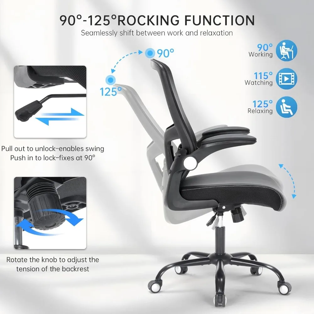 كرسي مكتب مريح، كرسي دوار للكمبيوتر المكتبي شبكي قابل للتنفس في منتصف الظهر مع دعم قطني قابل للتعديل، أذرع قابلة للطي، جلد PU #6