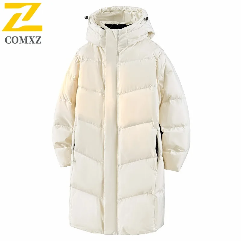 

COMXZ Men Long Down Jacket Casual Hooded Outdoor Adventure Cold Protection Parka Hiking Travel Lightweight Winter Puffer Coat