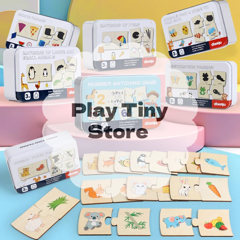 Children's Iron Box Number Enlightenment Paired Wooden Animal Food Puzzle Board Logical Thinking Training Game Educational Toys
