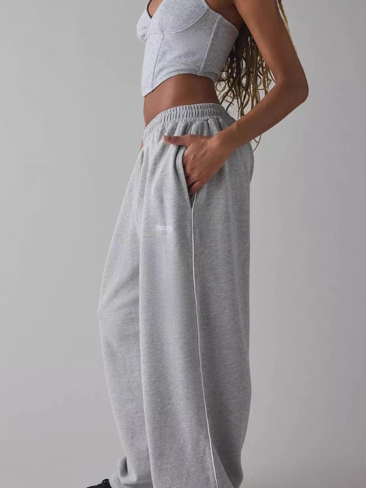 HOUZHOU Casual Baggy Women Sports Pants Gray Sweatpants Wide Leg Trousers Y2k Basic Straight Letter Embroidery Striped Joggers