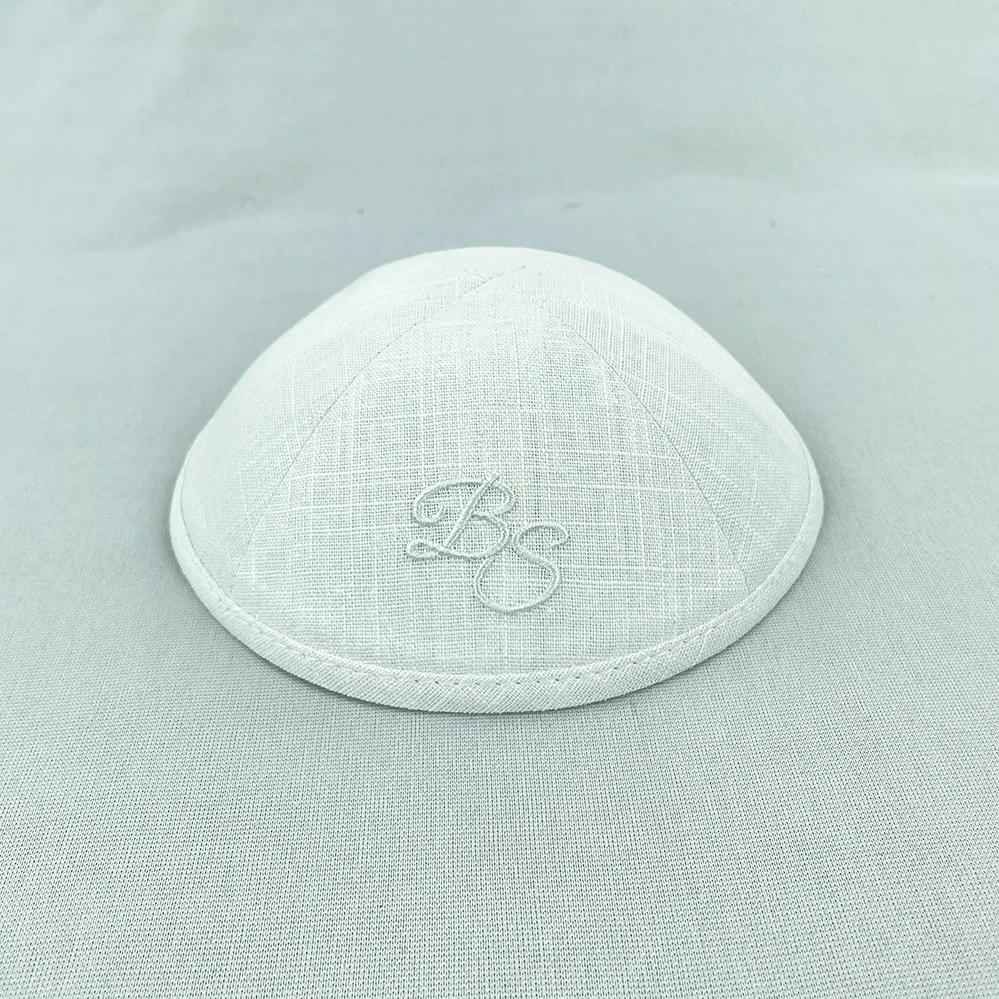 Customized white linen kippots with white embroidery