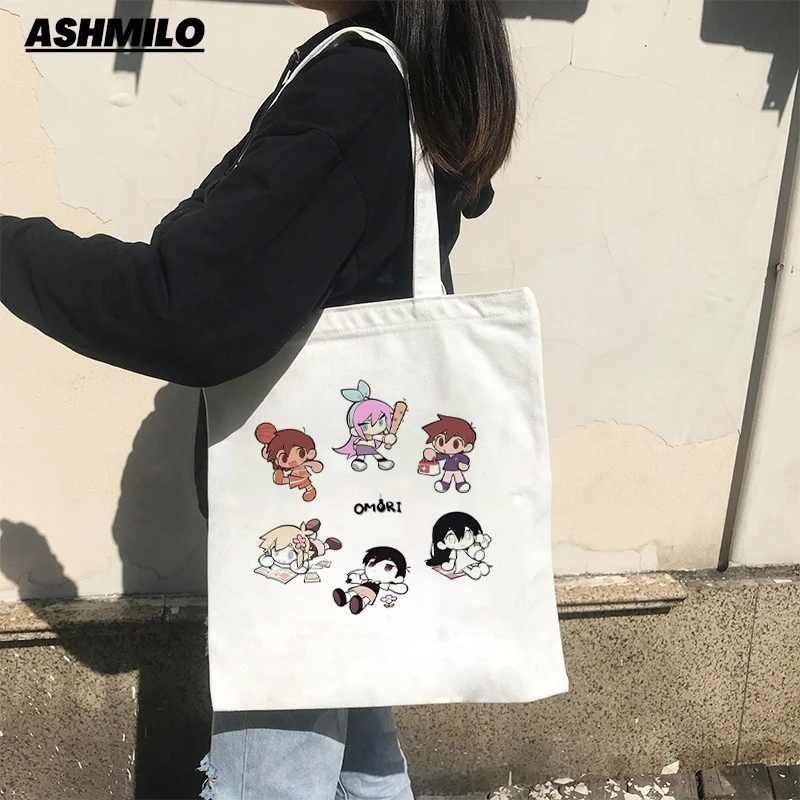 Tote Bags Game Omori Shopping Bag Grocery Bolsa Shopping Canvas Handbag Bag Handbags Fashion Shoulder Canvas Bags Casual