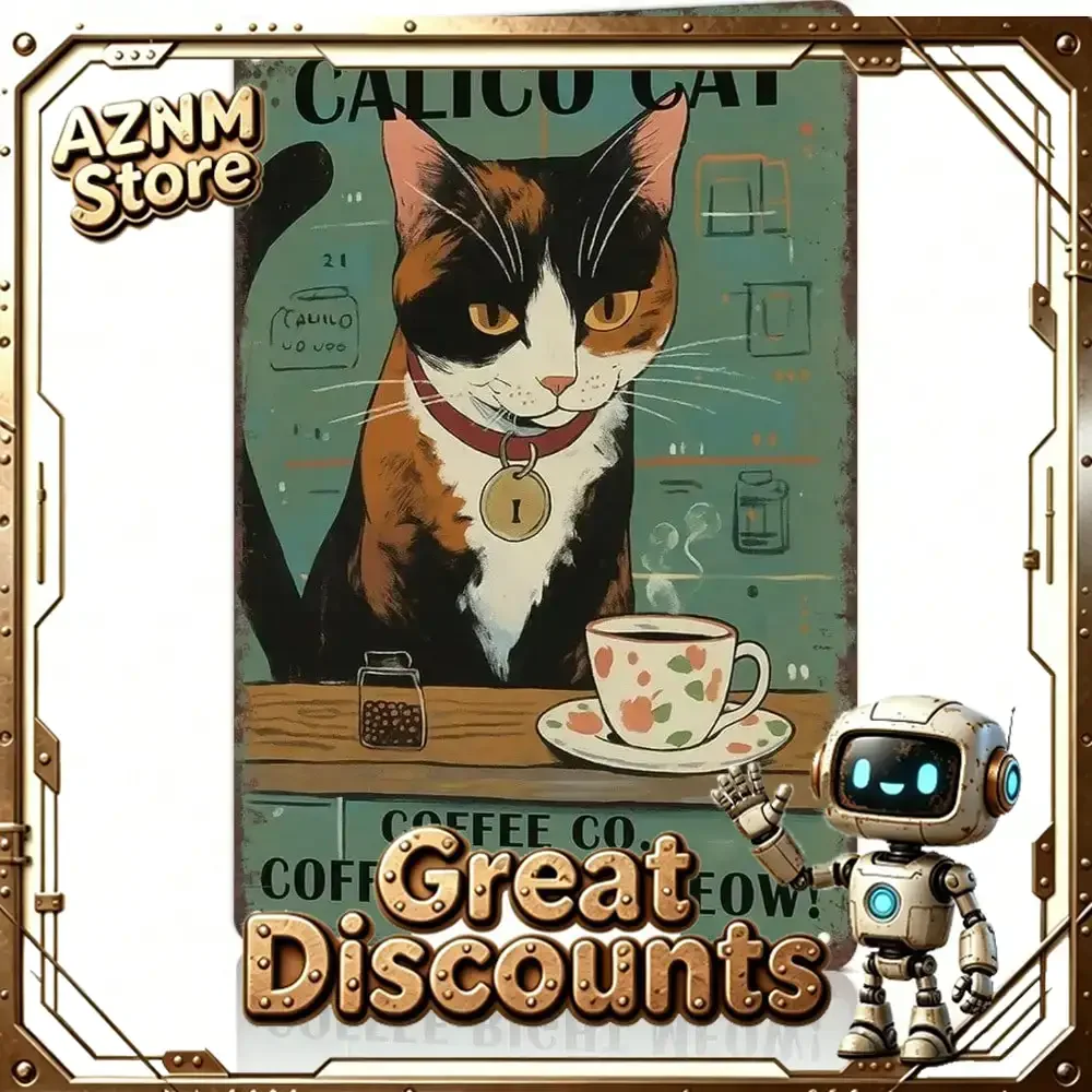 Calico Cat Tin Sign Funny Coffee Co Metal Wall Art Vintage Kitchen Cafe Home Decor