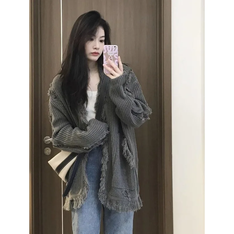 QWEEK Vintage Sweater Harajuku Fashion Women\'s Jumper Oversize Cardigans Korean Streetwear New Knitted Grey Sweaters Autumn Chic