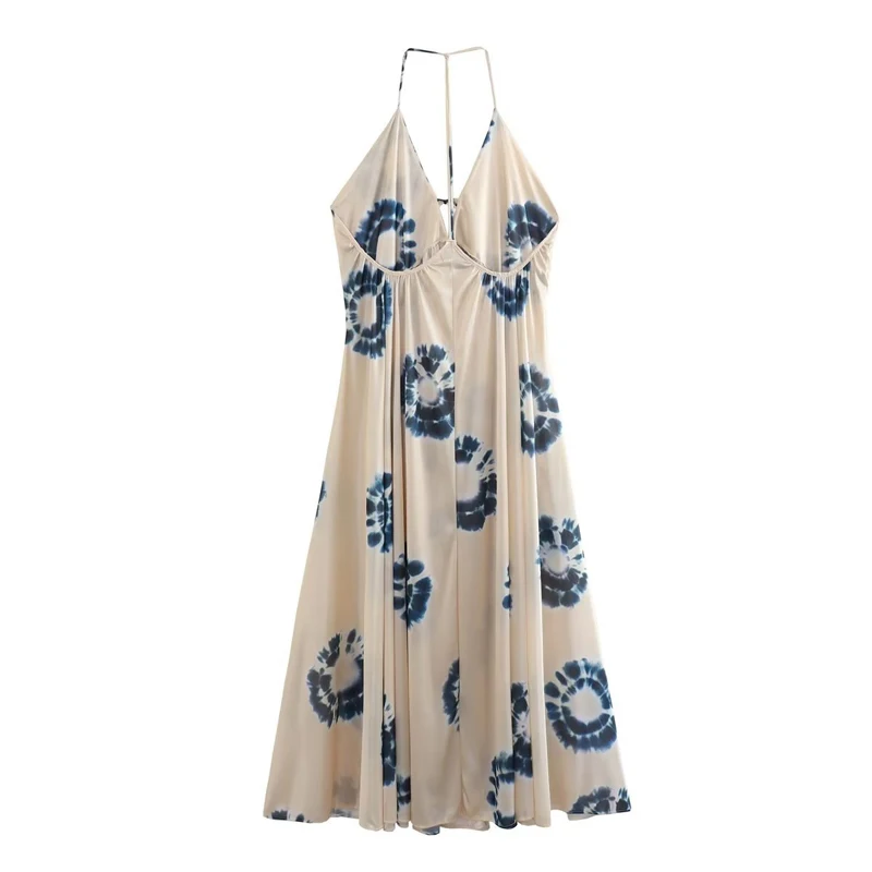 Spring Deep V Neck Tie-up Bow Hollow Dress Sexy Big Backless Lady Long Maxi Dress Women Sleeveless Print Summer Beach Boho Dress