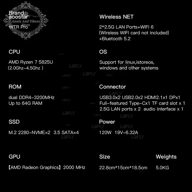كمبيوتر AOOSTAR WTR Pro NAS Mini PC AMD Ryzen 7 5825U DDR4 * 2 3200 ميجا هرتز يدعم 2.5/3.5 بوصة HDD * 4 M.2*2 2280 NVMe كمبيوتر مكتبي NAS