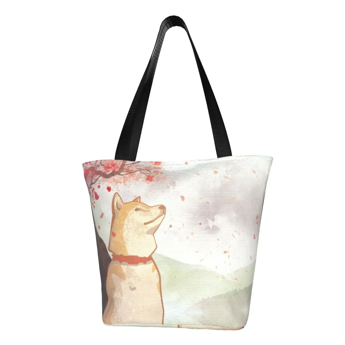 Custom Shiba Inu Dog Canvas Shopping Bags Women Recycling Grocery Japan Sakura Cherry Blossom Tote Shopper Bags