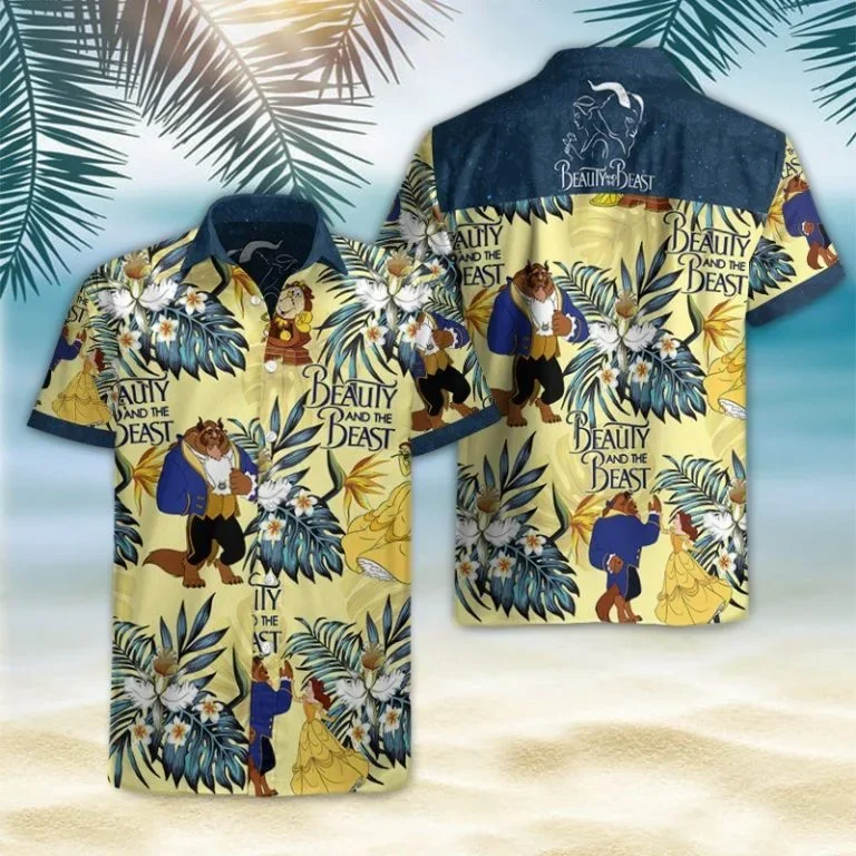 

Beauty and the Beast Hawaiian Shirts Men's Women's Short Sleeve Shirts Disney Fashion Beach Shirts Casual Vintage Tops