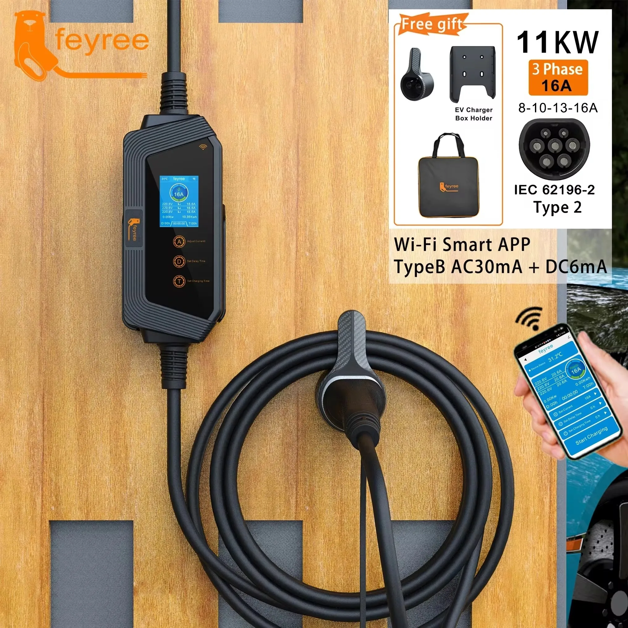 Feyree-cargador EV portátil tipo 2, 11KW, 16A, 3P, Control por aplicación Wi-Fi, caja de carga EVSE, enchufe CEE para vehículo eléctrico