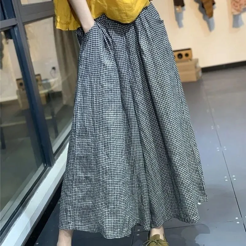 Imitation cotton and linen plaid casual nine-point pants women's spring and summer new loose and thin lazy wide-leg culottes