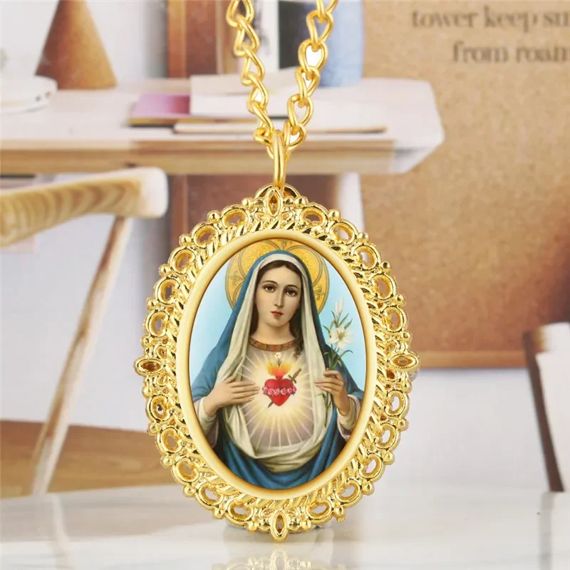 Golden Oval Shape Virgin Mary Design Unisex Quartz Analog Pocket Watch Pendant Religion Clock with Sweater Chain Souvenir