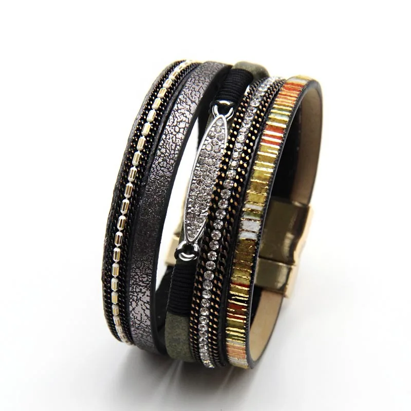 ZG New Vintage Multi Layered Leather Bracelet Jewelry Bohemian Ethnic Style Magnetic Buckle Weaving Bracelet for Women