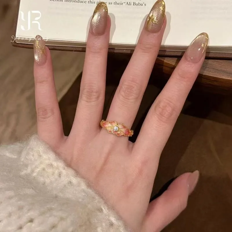 

Новое ретро-кольцо в китайском стиле с постепенным изменением персикового цвета с эмалью и цветком, женское кольцо с бриллиантами, универсальное, нежное, темпераментное, указатель Fi