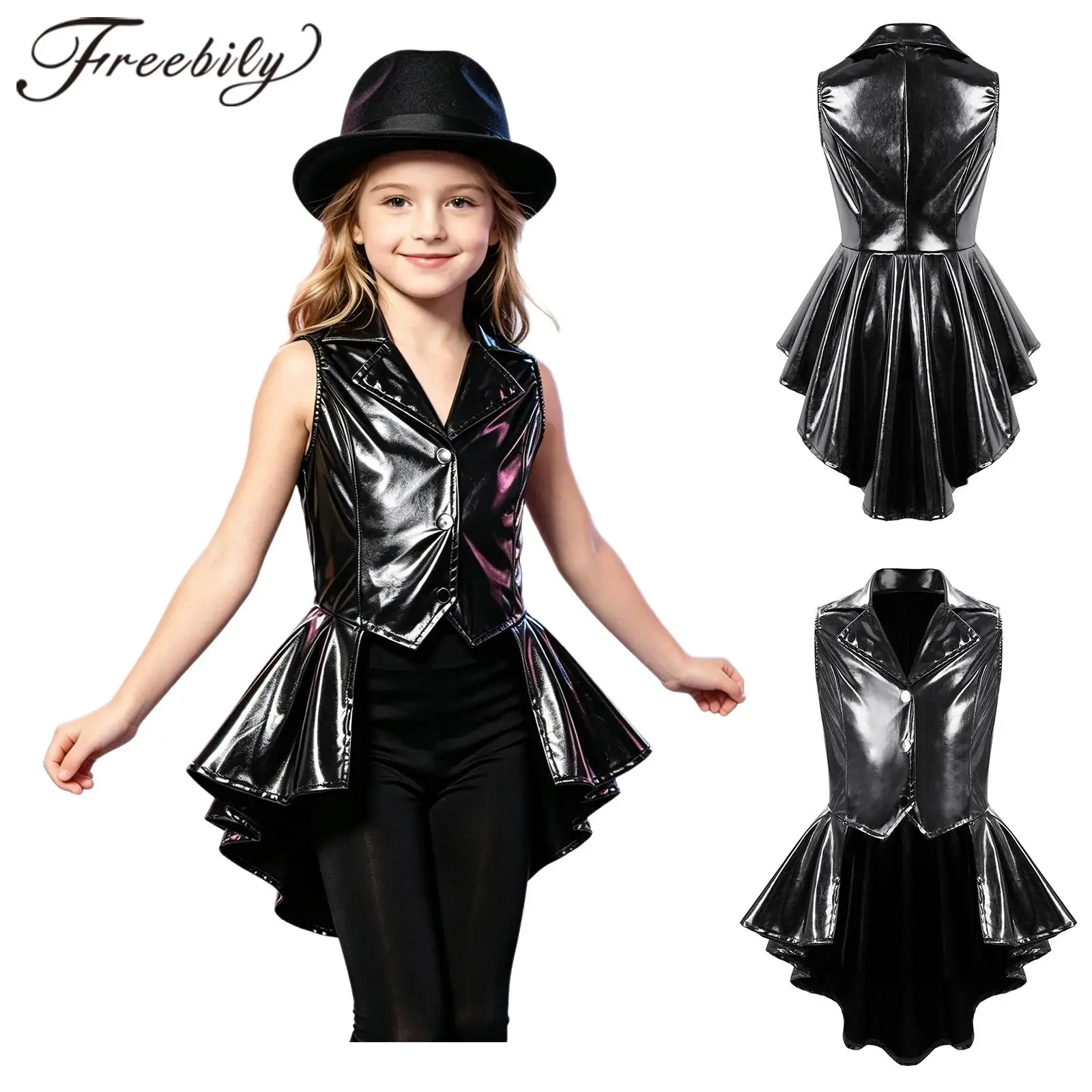 Girls Sleeveless Waistcoat Disco Jazz Dance Metallic Peplum Vests Magician Circus Outfit Kids Magic Show Performances Costume