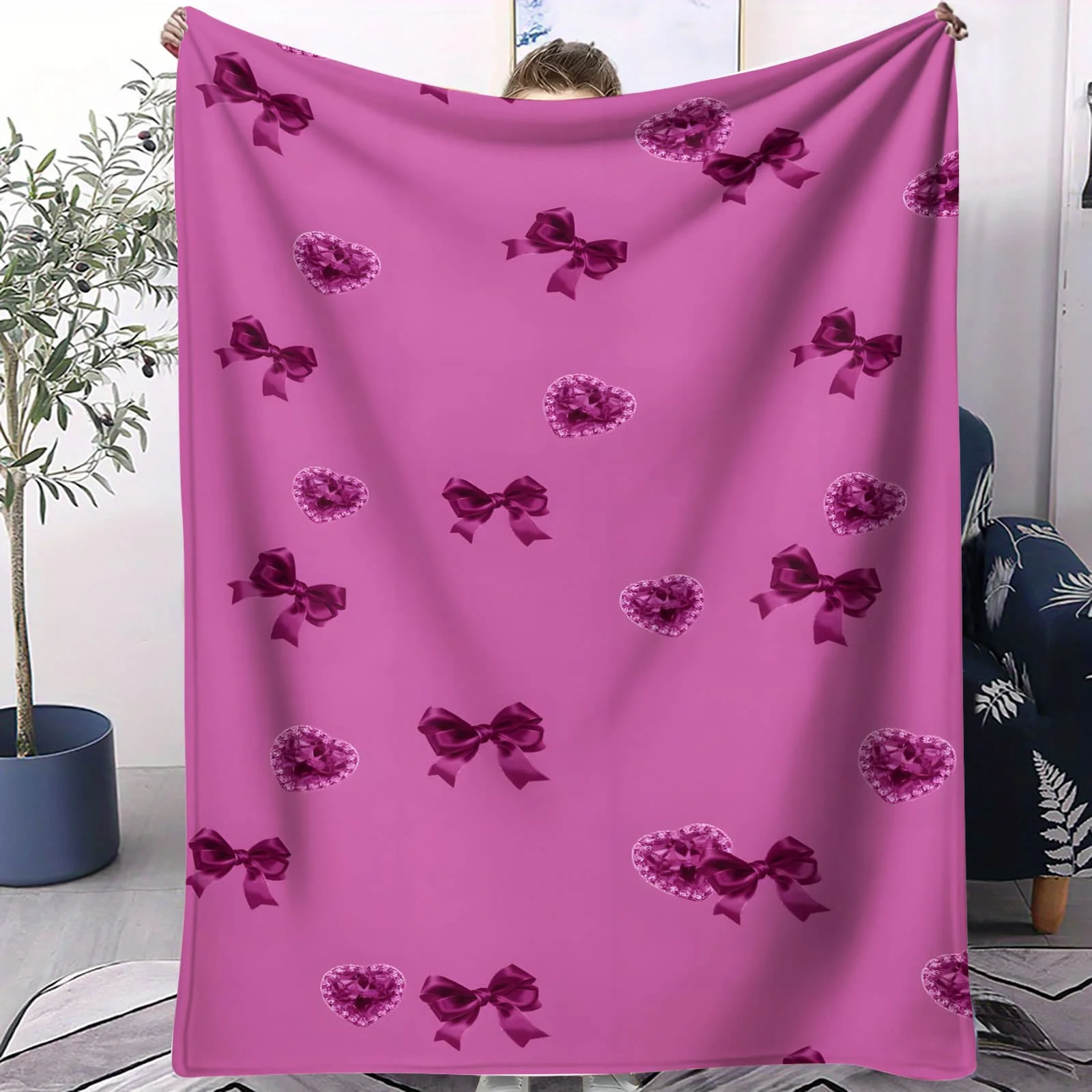 Coperta per aria condizionata con cuore rosa con fiocco, modello romantico cartone animato, coperta per pisolino, divano e letto, regalo morbido per ragazze e donne