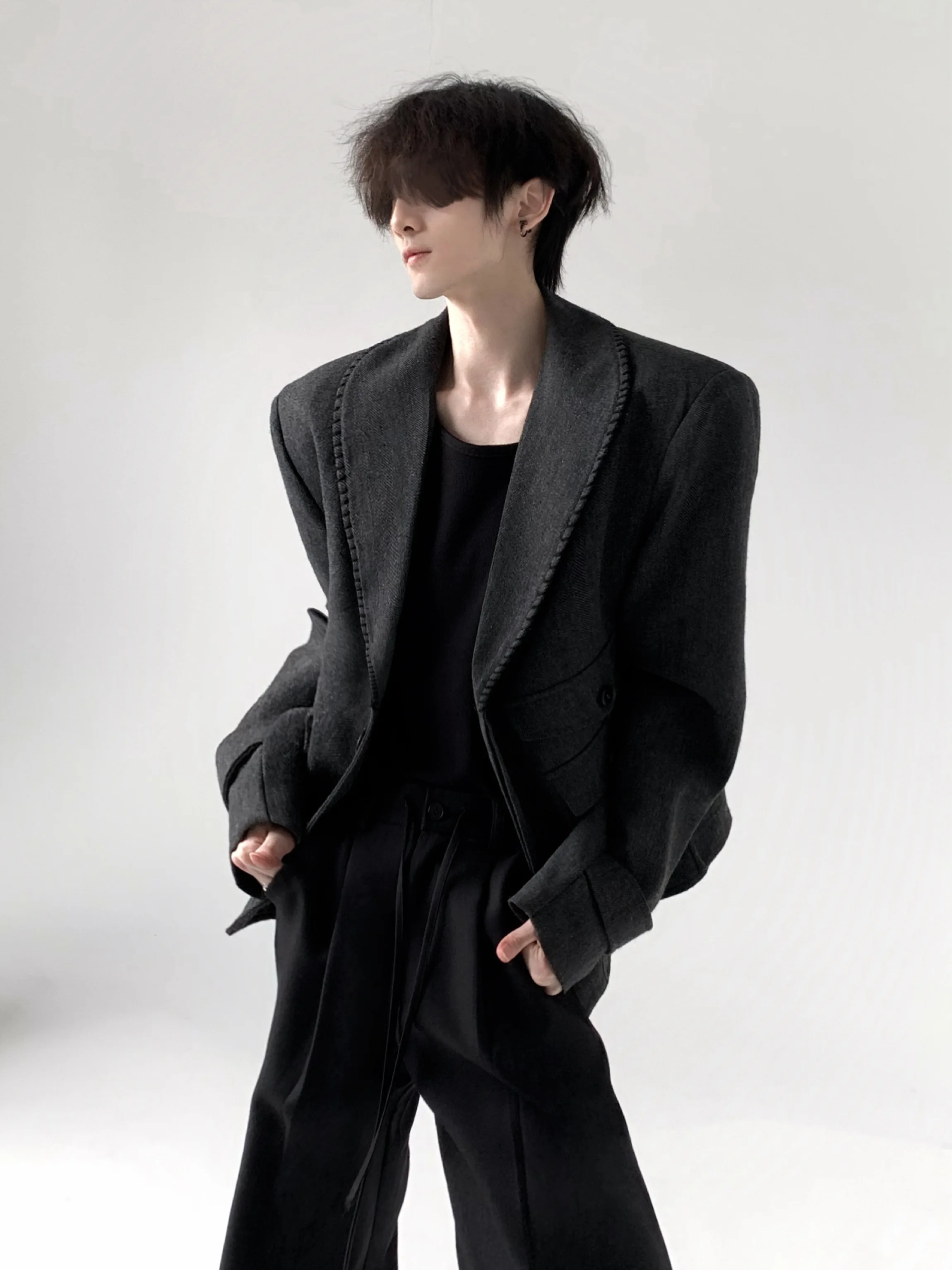 Gray Woolen Coat Men's High Intelligence Texture Design Autumn Mountain Wind Handmade Sewing Anti-Wind Short Coat Jacket