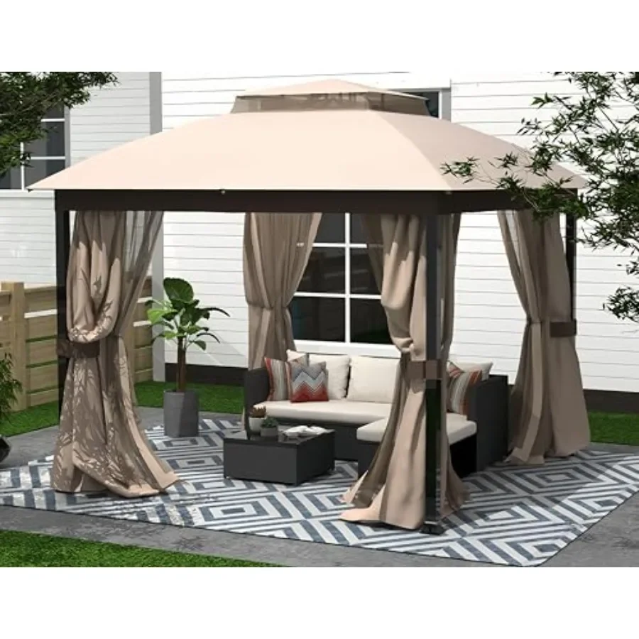 Outdoor Patio Gazebo Feet, Soft Top Gazebo Canopy with Double Roof, Square Metal Frame, Mosquito Netting and Privacy Curtains,