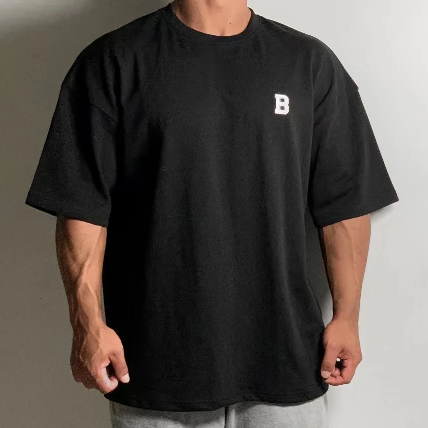 Summer New Gym Men Sports and Fitness Training Suit Casual Oversized Loose T-shirt Off Shoulder Heavy Cotton Short Sleeve Top