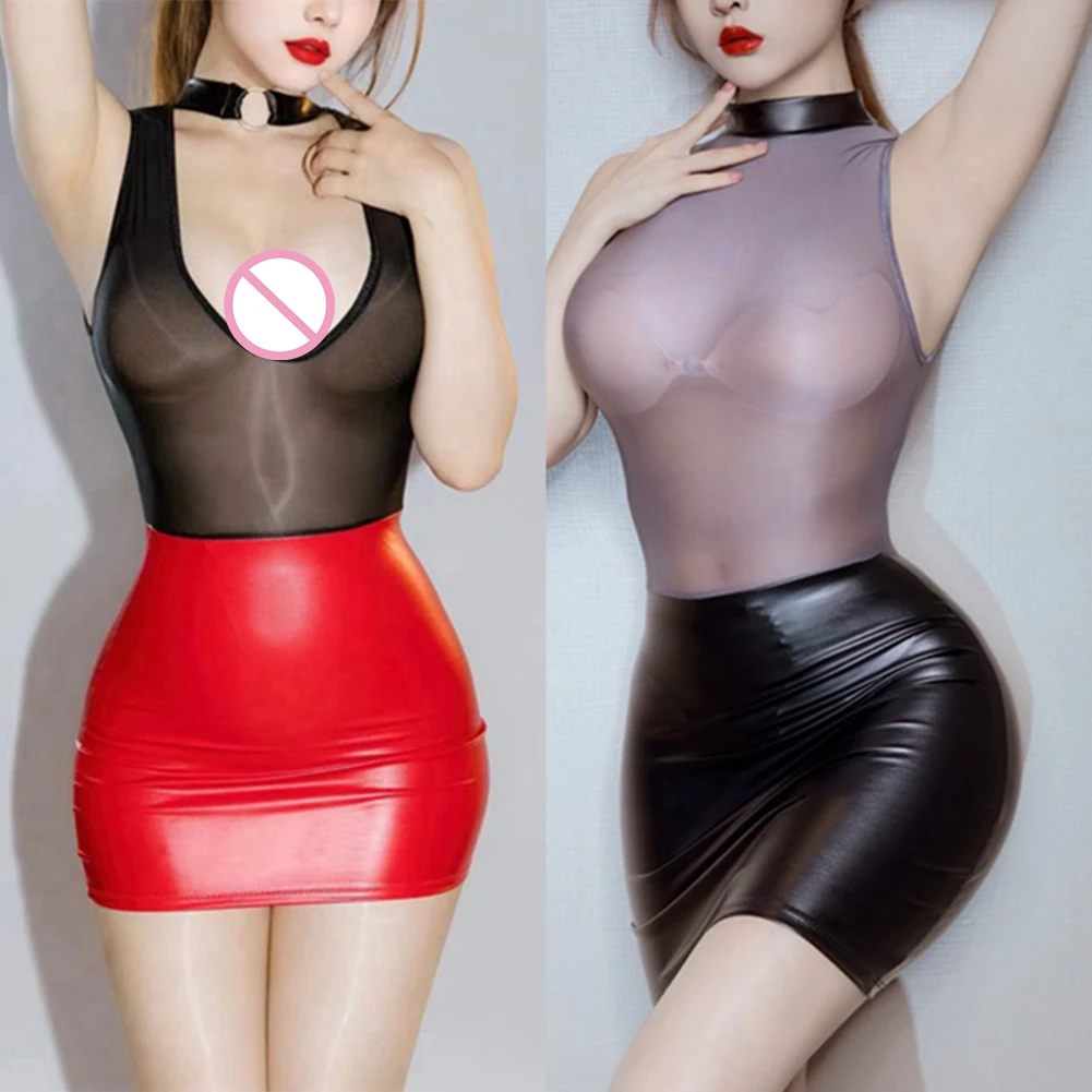 Camisón Reversible transparente para mujer, vestido ceñido de retazos de cuero de malla, lencería seductor sin mangas, ropa de dormir ahuecada