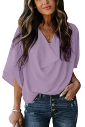 Women's Chiffon Shirt Trendy 2025 Spring Summer V-Neck Loose Casual Mid Sleeve Blouses Elegant Fashion Casual Tops For Office