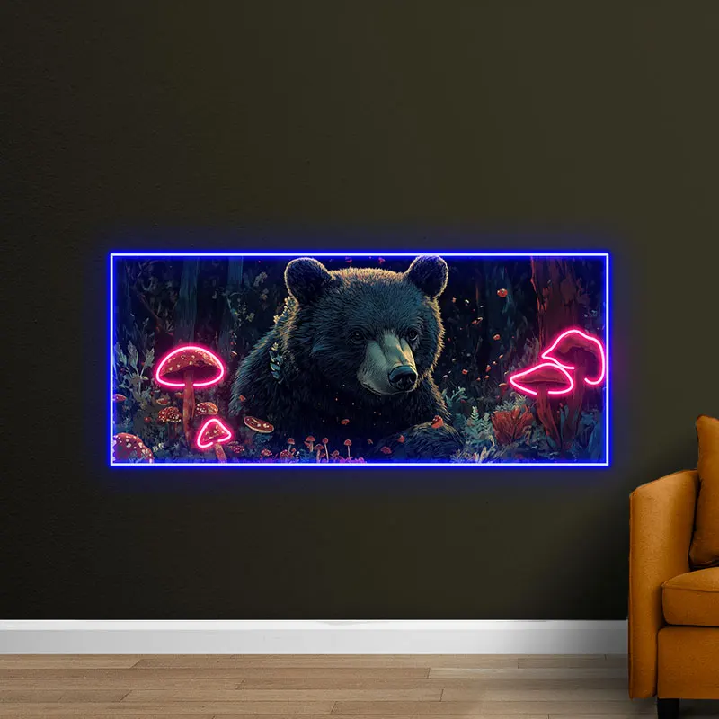 Toysign Enchanted Forest Bear Neon Wall Art – LED Sign with Glowing Mushrooms, Mystical Animal Decor for Bedroom, Lounge & Gift