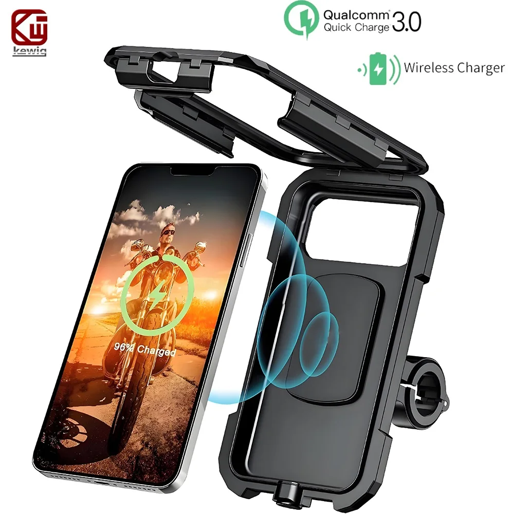 

Motorcycle Phone Mount Wireless/USB C Charger Handlebar Cellphone Holder Quick Charge for 5.5"-6.8" Phones for 12/24V Motorcycle