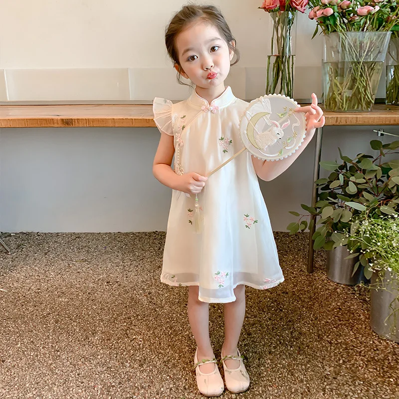 Girls' Dress2024New Western Style Children'S Summer Chiffon Cheongsam Baby Girl Princess Dress