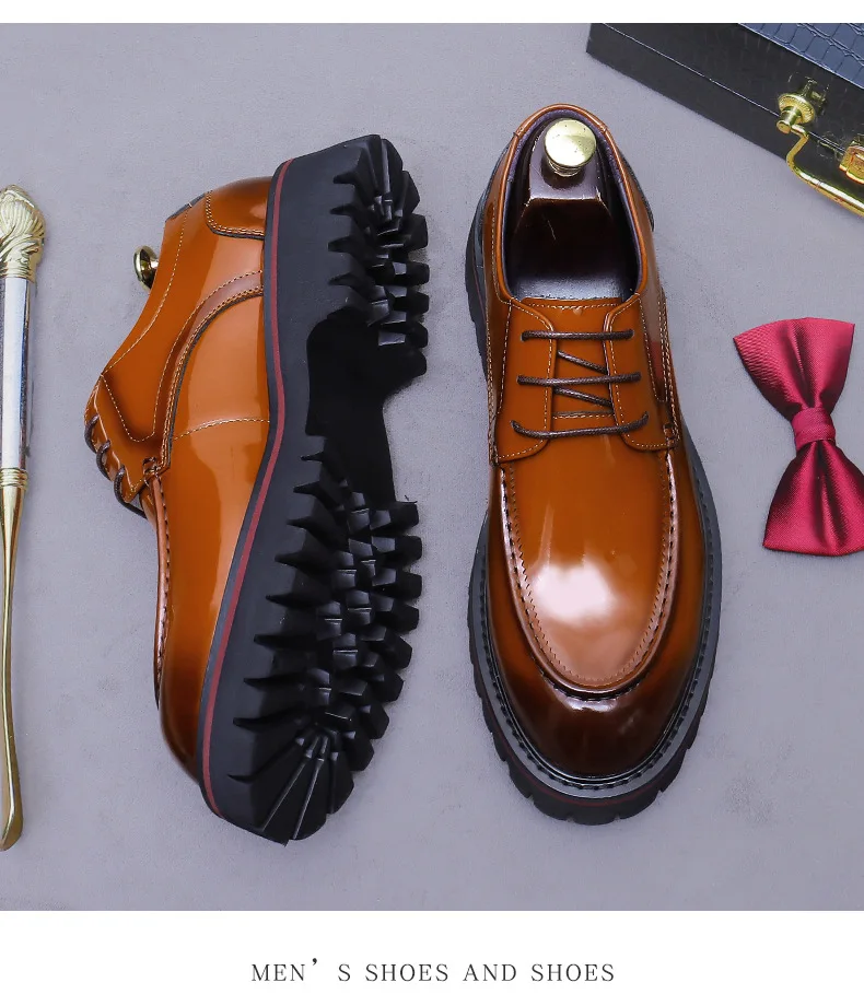 Derby Dress Shoes Genuine Leather Glossy Polished Thick Lug Sole Men Lace Up Formal Shoes Social Shoes for Men's Wedding Wearing
