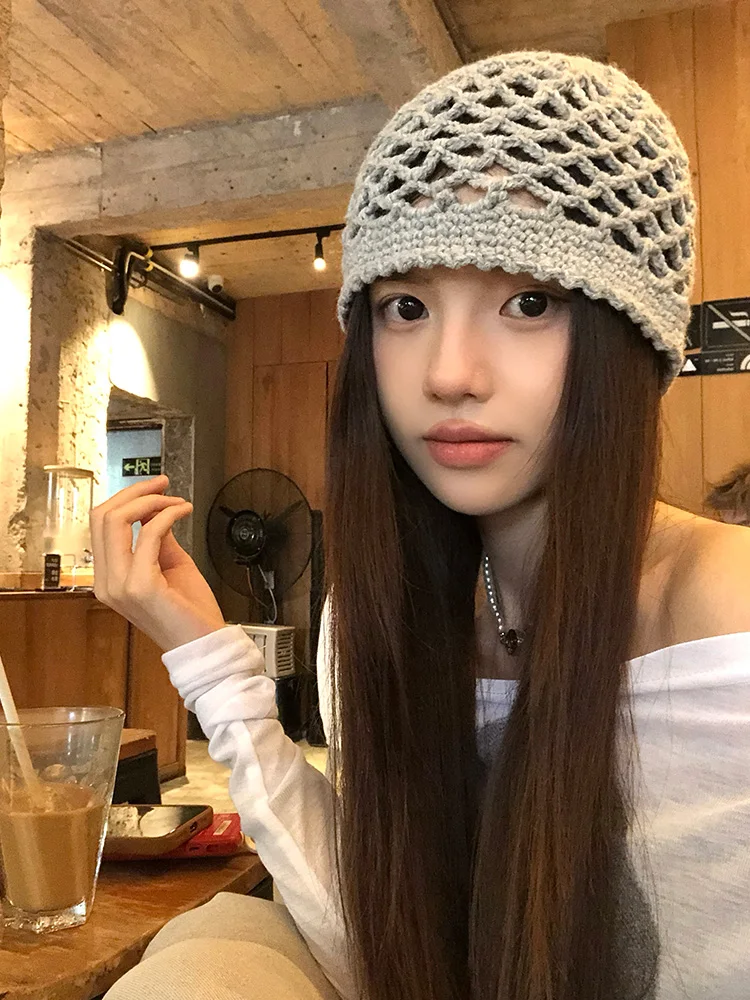 

Korean Sle Hollow Knitted Hat Women's Faionable Autumn Winter Handmade Woolen Cap round Top Youth Suitable for op