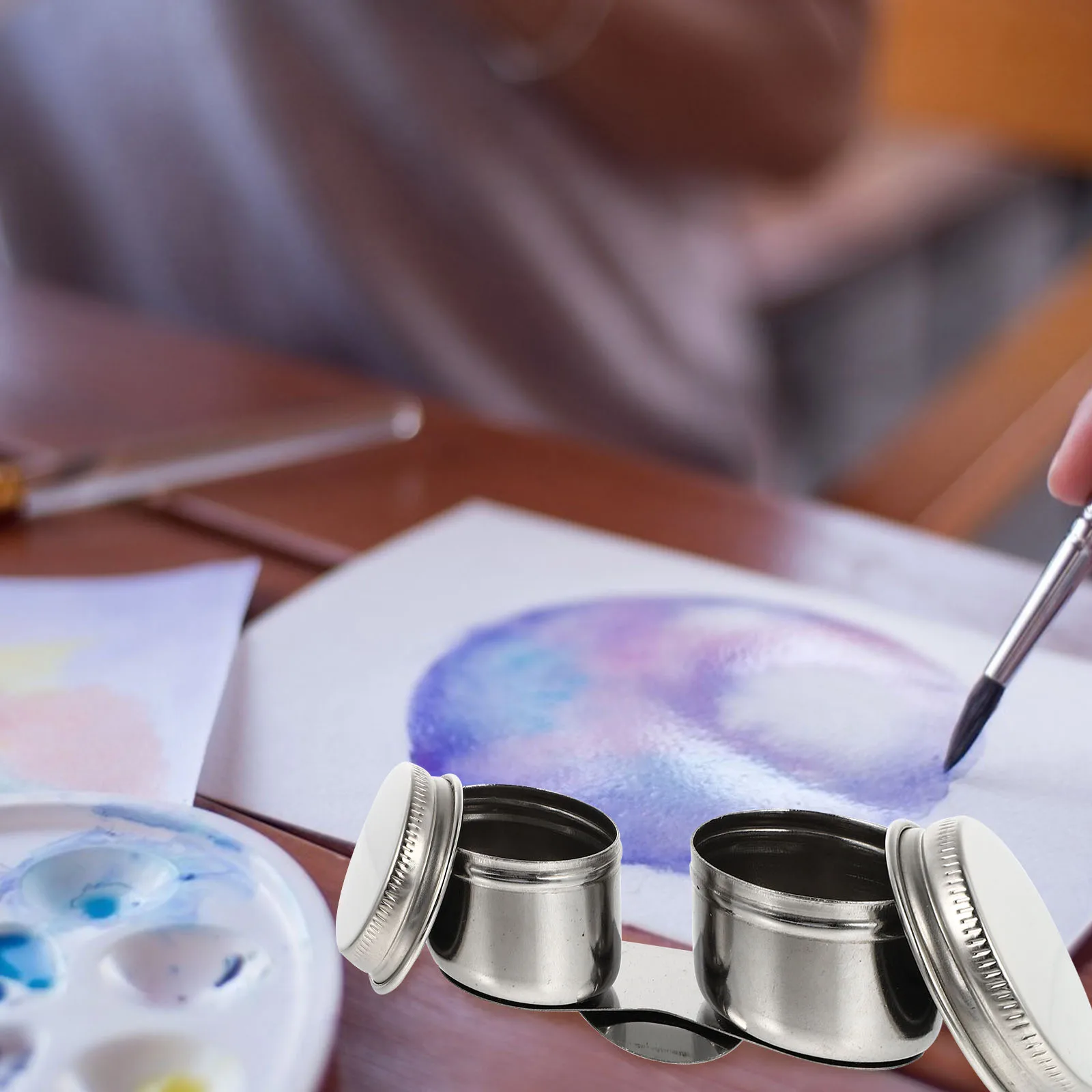 2 Pcs Pen Pot Paint Brush Washing Brush-and-lid Oil Container Automatic Practical Painting Medium Cups Stainless Steel