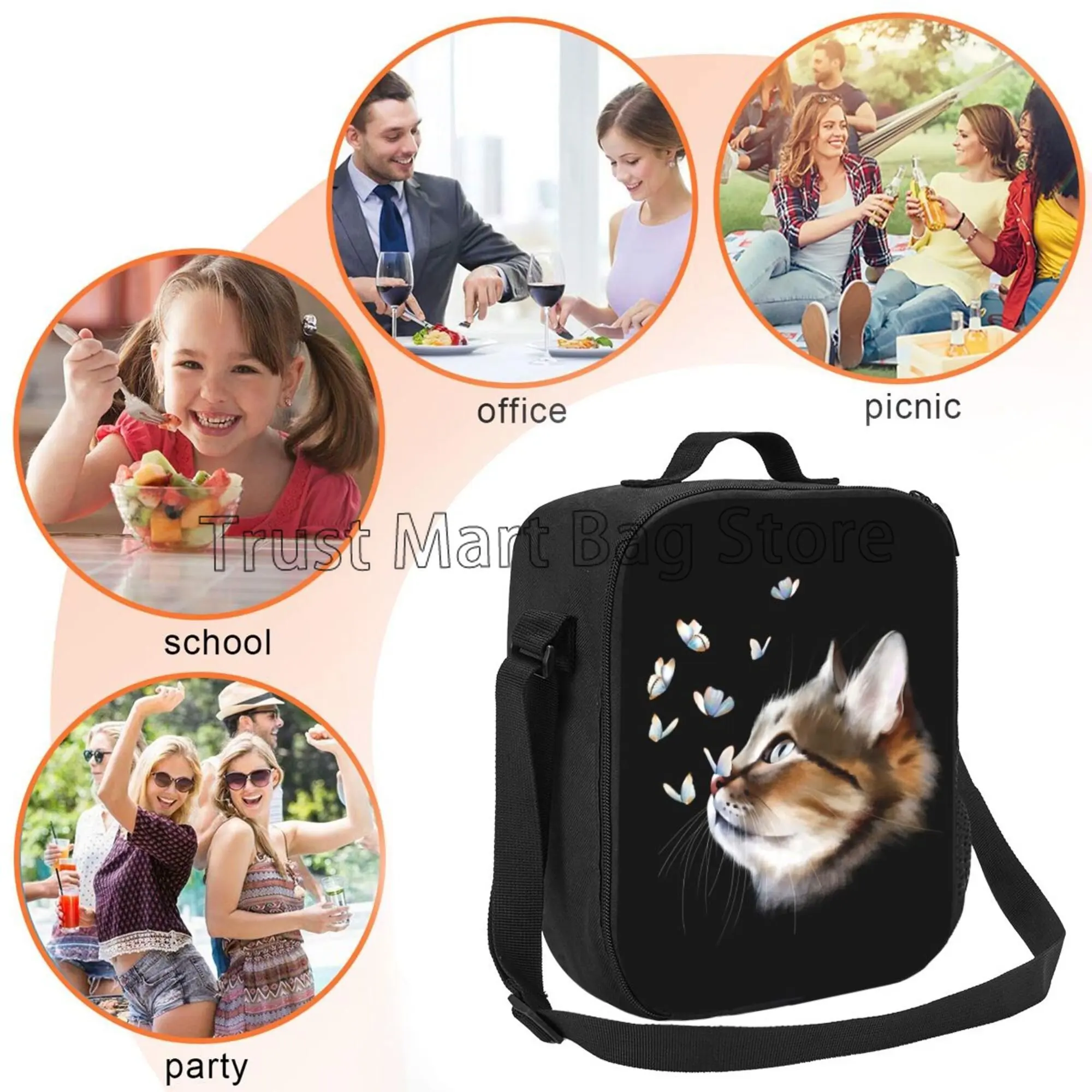 Portrait Cat with Butterflies Insulated Lunch Bag for School Work Picnic Beach Reusable Thermal Cooler Tote with Shoulder Strap