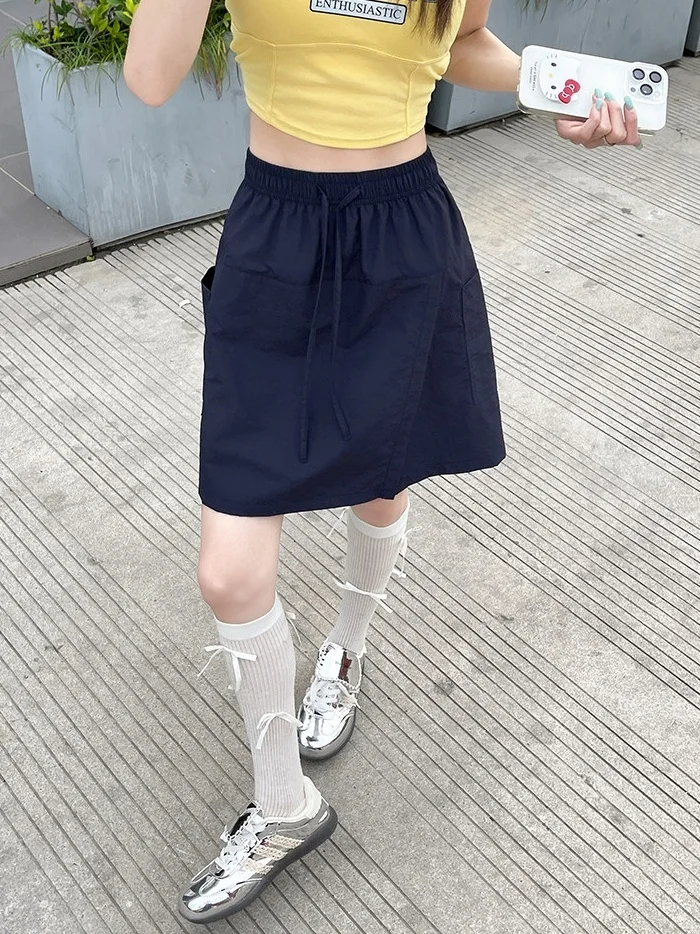 

Retro American Blue Workwear Skirt Women Summer plus Size High Waist Loose Slim A-Line Five-Quarter Pants Skirt