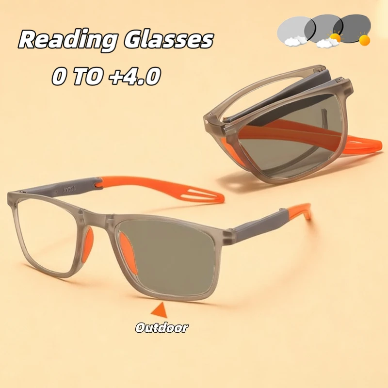

Square-Frame Photochromic Business Reading Glasses Portable Folding Blue Light Blocking Ultra-Lightweight Presbyopia Glasses