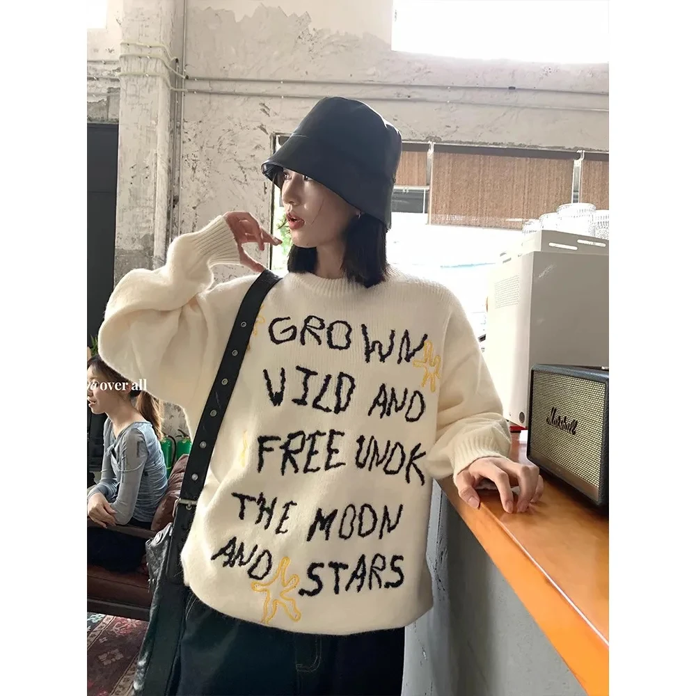 

Letter Embroidery Knitted Pullover Women Autumn Winter O Neck Loose Sweater Korean Style Casual Versatile Suéteres Tops